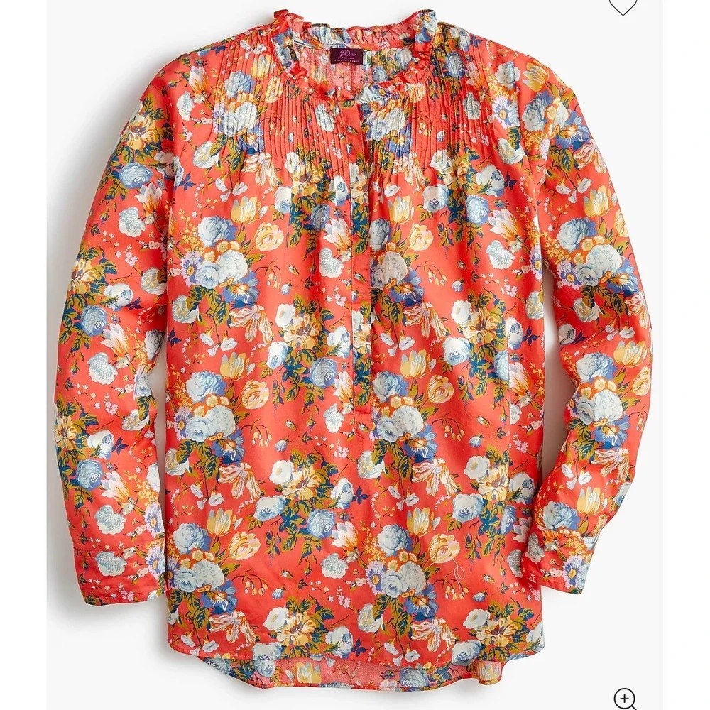 J.Crew x Liberty Fabric | Ruffle Classic Popover Shirt‎ Blouse Coral Floral Sz 4